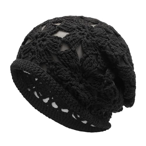 ZLYC Women Cotton Crochet Slouchy Beanie Hat Handmade Knit Summer Skull Cap | Lightweight breathable,boho casual chic look,travel photos festival party,café commute daily wear,beach concert gathering - color: Crochet Black