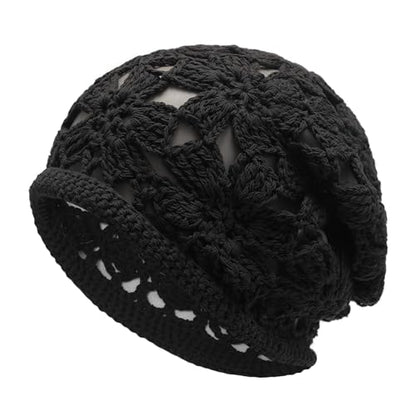 ZLYC Women Cotton Crochet Slouchy Beanie Hat Handmade Knit Summer Skull Cap | Lightweight breathable,boho casual chic look,travel photos festival party,café commute daily wear,beach concert gathering - color: Crochet Black