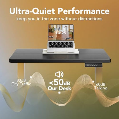 HUANUO 32" Small Electric Standing Desk Adjustable Height, 4 Memory Height Settings, Sit Stand Up Desk for Home Office & Computer Workstation, Black and Gold Frame | 176 Lbs Capacity, Rounded Corners, Wheel-Ready Feet, Compact Desktop, Apartment Workspace