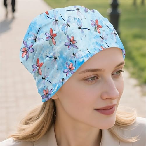 Art Owl Women's Slouchy Beanie Hat Cute Turban Hats Cancer Headwear Caps Baggy Skull Sleep Scarf - color: Blue Watercolor Dragonfly