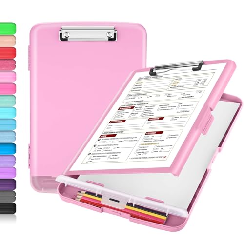 Sooez Clipboard with Storage, Clip Board 8.5 x 11 with Pen Holder, Plastic Organization Case Box for Letter Legal A4 Size Paper, Low Profile Clip, Nurses Teachers Must Haves, School & Office Supplies - color: Baby Pink