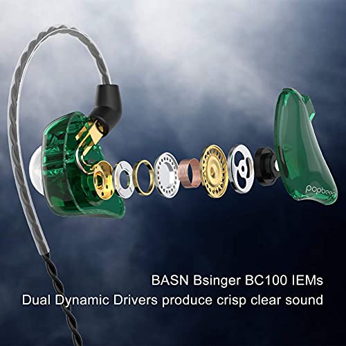 BASN Bsinger BC100 in Ear Monitor Headphone with Dual Drivers, Clear Green | Noise Isolation Dynamic Drivers IEM Earphone with Detachable MMCX Cable for Singer Musician Drummer,Secure Fit Gaming Earbud - color: Green