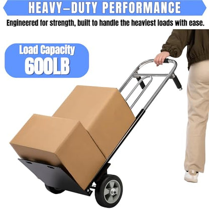 Folding Hand Truck Dolly - 600 LB Capacity, Heavy-Duty Wheels and Compact Design for Moving Heavy Loads in Warehouses, Offices, Homes, and Shopping