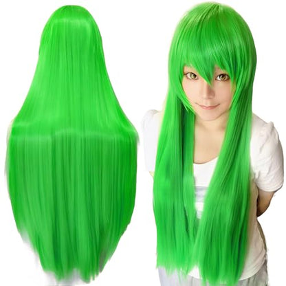 80cm Long Straight Natural Hair Cosplay Wigs with Bangs Colorful Halloween Costume Party Wig for Women (Apple Green) - color: Apple Green