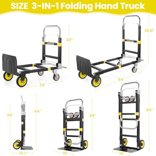 3-in-1 Folding Hand Truck, 600lb Convertible 4 to2 Wheel Dolly Cart Yellow | For home office warehouse garage farm gym, carbon steel frame, base expands 35-44in, swivel rubber wheels, folds flat - color: Yellow-1