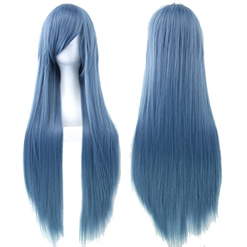 80cm Long Straight Natural Hair Cosplay Wigs with Bangs Colorful Halloween Costume Party Wig for Women (Navy Blue) - color: Navy Blue
