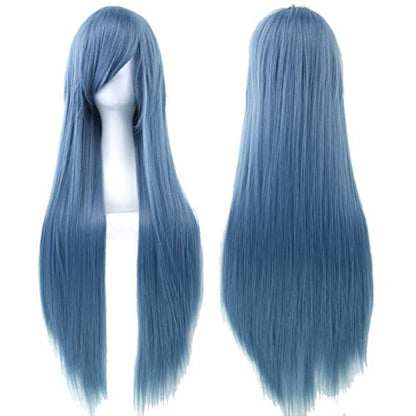 80cm Long Straight Natural Hair Cosplay Wigs with Bangs Colorful Halloween Costume Party Wig for Women (Navy Blue) - color: Navy Blue