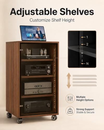 4-Tier Walnut Media Cabinet with Glass Door & Adjustable Shelves | 198 lb Capacity, Clear Tempered Glass with Metal Frame, Ventilated Design, Cable Management, and Locking Caster Wheels - color: Walnut, size: 4-tier