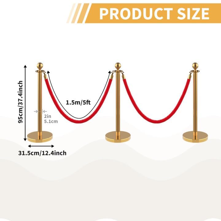 6Pcs Stanchions and Velvet Ropes with 15ft Red Carpet,Complete Crowd Control Barriers Set with 4 Red Velvet Ropes & Stainless Steel Posts for Party, Wedding, Event Supplies,Gold - color: Gold, size: without Red Carpet