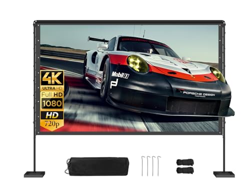 Queension 120 inch Outdoor Projector Screen with Stand, Portable Projector Screen 16:9 HD 4K, Movies Screen with Carry Bag for Outside Backyard, Indoor Wrinkle-Free Screen for Home Theater