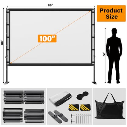 Outdoor Projector Screen with Stand 100 Inch, 16:9 Portable 4K HD Indoor Movie Screen, Large Double-Sided Washable Screen with Carry Bag, Sandbags for Backyard, Camping, Home Theater - size: 100 IN