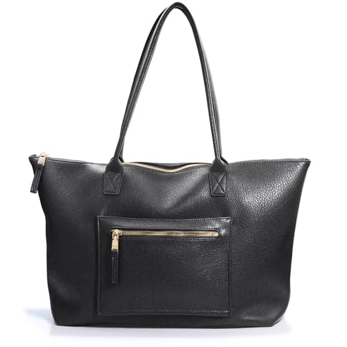 HOXIS Tote Bag for Women with Zipper Vegan Leather Handbag with Trolley Sleeve Travel Weekender Carryall Bag - color: Black