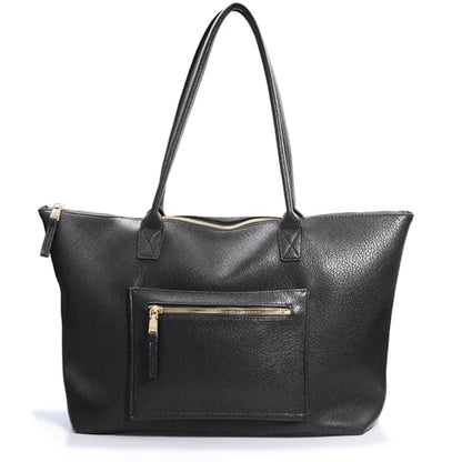 HOXIS Tote Bag for Women with Zipper Vegan Leather Handbag with Trolley Sleeve Travel Weekender Carryall Bag - color: Black