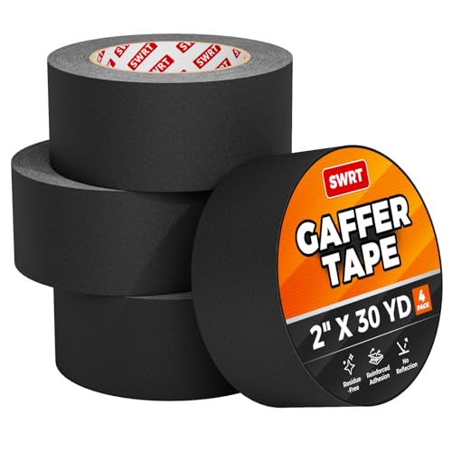 SWRT Gaffers Tape, 4 Pack, 2 Inch x 30 Yards, 11 Mil Matte Black Tape | No Residue Removal; Non-Reflective Matte Finish; Easy Hand Tear; Secure Cable Management; Film, Stage and Studio Use