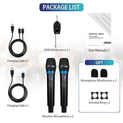 Dual Wireless Microphones Rechargeable, UHF Metal Wireless Mic System Cordless Microphone Professional with Echo VOL Channel Control for Karaoke Singing Church Events - style: WM-2 C