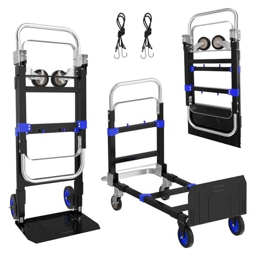 3 in 1 Hand Truck, 600Lbs Capacity, Heavy Duty Collapsible Cart with Retractable Handle, Dolly Cart with 2 Universal Wheel with Brake for Moving Home, Office, School, Shopping, Warehouse, Blue - color: Blue