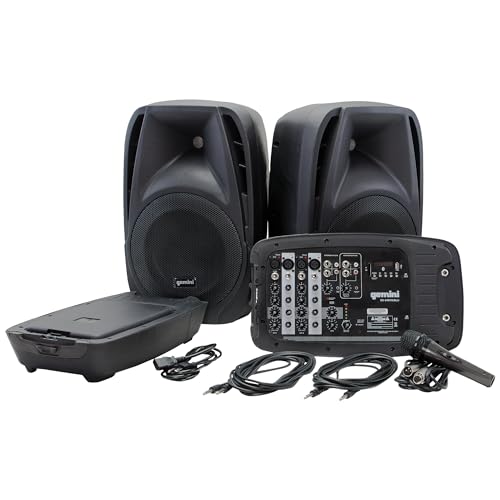 Gemini Portable PA System, Dual 10" Speakers, 600 Watts (ES-210MXBLU) | All-in-one dual 10" PA, 6-channel powered mixer - 4 mic inputs - Bluetooth, USB - karaoke & church - size: Without Stands