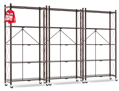 ALANNG 70.7" H Metal Storage Shelves, 5 Tier Folding Shelf on Wheels | Heavy Duty, No Assembly, Rolling, Collapsible Rack Unit for Kitchen, Basement, Pantry (Vintage Brown,3 Pack) - color: Vintage Brown
