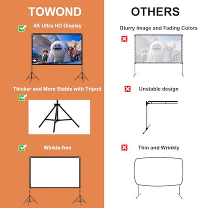 TOWOND 100 Inch Outdoor Projector Screen with Stand, Reinforced Edge | Compact reinforced-edge screen fits smaller rooms and patios; 19mm tripod and carry bag travel easily.
