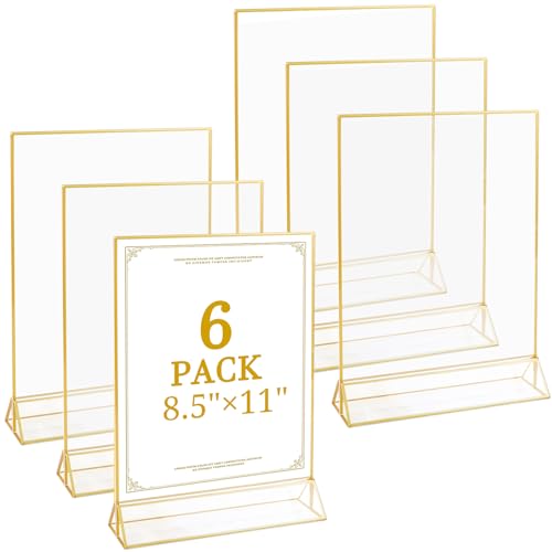 Floroom 6 Pack 8.5x11 Inch Clear Acrylic Sign Holders, Double-Sided Gold Display Stand Picture Frames for Table Numbers, Menus, Flyers, Weddings, and Offices - color: Gold, size: 8.5" x 11"- 6 Pack
