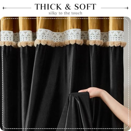 GIGIZAZA Velvet Pom Curtains 96 Inch for Living Room 2 Panels Gold Black - color: Pom Pom/Gold+black, size: 52"W x 96"L (Pack of 2)