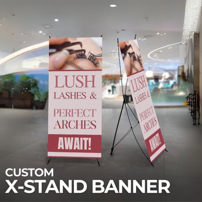 DreamController Lashes & Brows X-Stand Banner by DC | 30"x65" Tripod Display | Lush Lashes Perfect Arches Await Vertical Banner for Trade Shows & Events | Made in USA | (Stand Not Included) - color: Lush Lashes Perfect Arches Await, size: X Banner - 30x65
