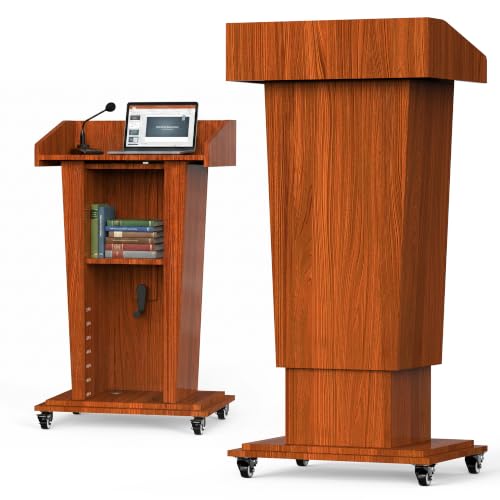 MOOFI Wooden Podium Stand for Lectern Presentation, Professional Wood Pulpits for Churches, Classrooms and Conferences, Scratch-Resistant Finish - with Wheels, Storage and 4”Elevated Footrest (Brown) - color: Brown