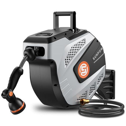 SUNPOW Retractable Garden Hose Reel - 1/2 inch x 85ft Heavy Duty Wall Mounted Hose Reel with 3/4 inch Brass Fitting & 10 Sprayer Nozzle - Any Length Lock, Auto Rewind System, 180°Swivel Bracket- Grey - size: 85FT