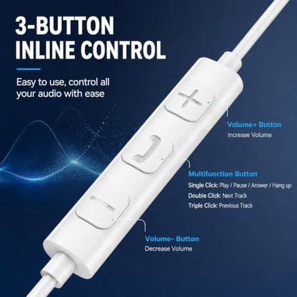 Kamon K66 USB C DAC Earbuds, 14.2mm Dynamic Driver, HD Microphone, 3-Button Volume Control, Semi in-Ear Wired Earphones for iPhone 17/16/15, Samsung Galaxy, Pixel and iPad 1 Pack - color: White