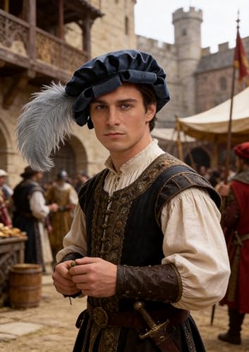 Renaissance Roll Hem Beret for Men Medieval Tudor Slit Hat with Feather Fantasy Costume Accessories - color: Blue