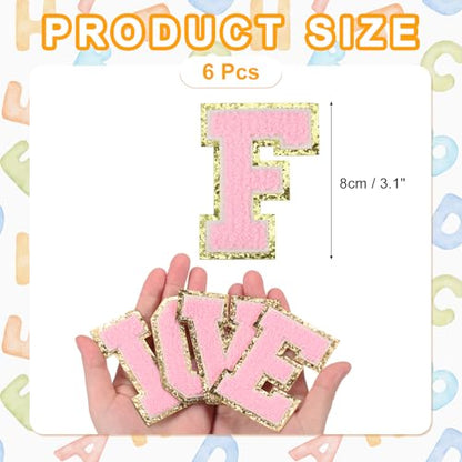 MECCANIXITY Chenille Letter Patches 3.1" Alphabet F Iron on Embroidered Patch Sew on Letter Stickers Applique for Repairing Clothing Jeans Shoes Hats DIY(Pink, Pack of 6) - style: Letter-F