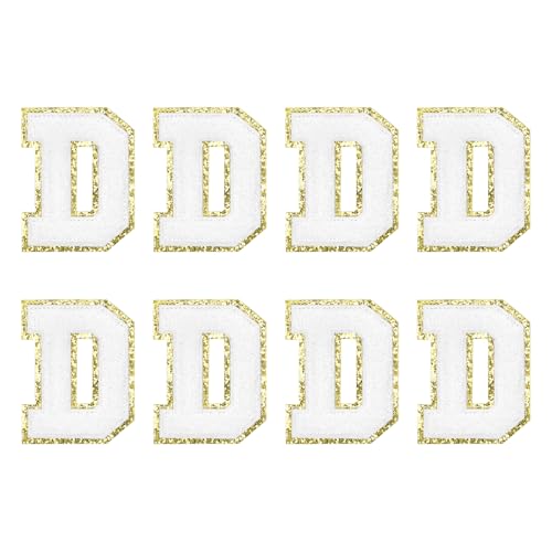 MECCANIXITY Chenille Letter Patches 2.2" Self Adhesive Alphabet D Stick on Embroidered Patch Sew on Letter Stickers Applique for Repairing Clothing Jeans Shoes Hats DIY(White, Pack of 8) - style: Letter D