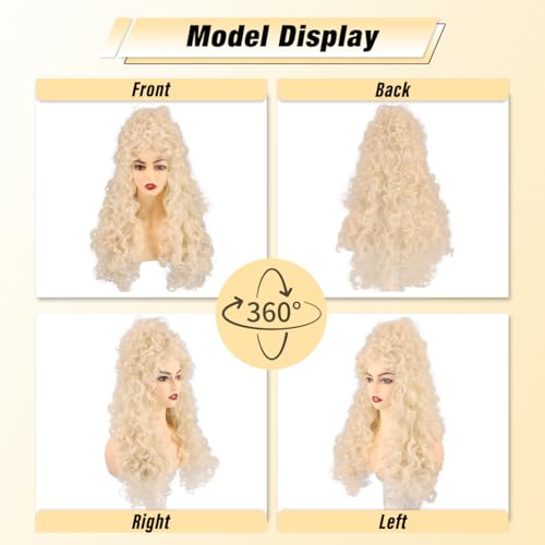 ColorGround Long Curly Fluffy Hair Wig for Women 60 70 80s Beehive Cosplay Wigs for Adults Halloween Costume (Blonde) - color: Blonde