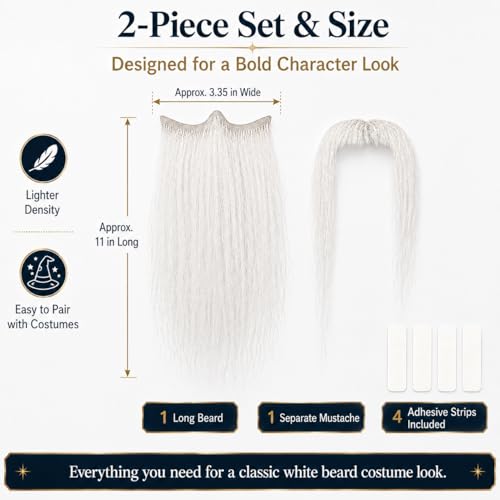 Hand-Tied Human Hair Fake Beard and Mustache for Costumes and Theater | Hand-knotted human hair on lightweight lace creates natural-looking facial hair for costumes, cosplay, theater and film - color: Style 5--white