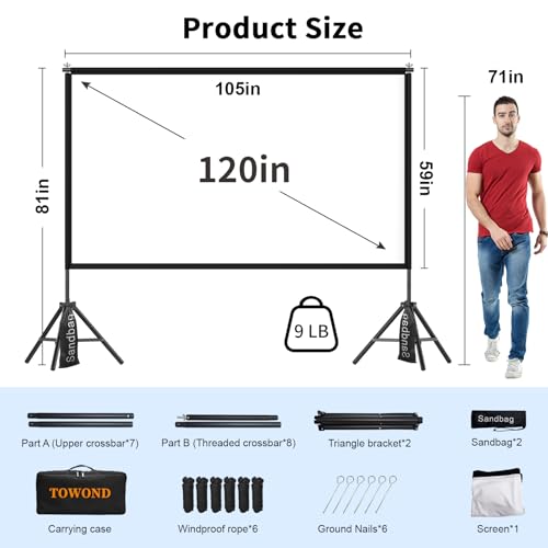 TOWOND Projector Screen with Stand,120 inches Indoor Projector Screen Outdoor Portable 16:9 4K HD Rear Front Projection Movie Screen with Carry Bag Wrinkle-Free Design for Backyard Theater