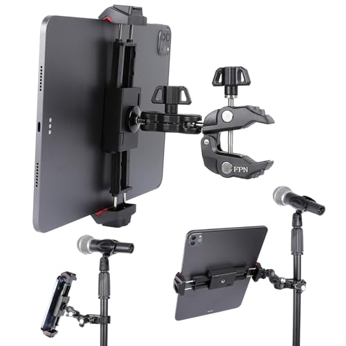 Aluminium Tablet Holder Mount for Mic Stand, Tablet Stand Handlebar Clamp Mount for Microphone Stand/Treadmill/Stroller/Stationary Bike, Compatible with 4.7-13" iPad Pro 12.9, Galaxy Tabs, Phones