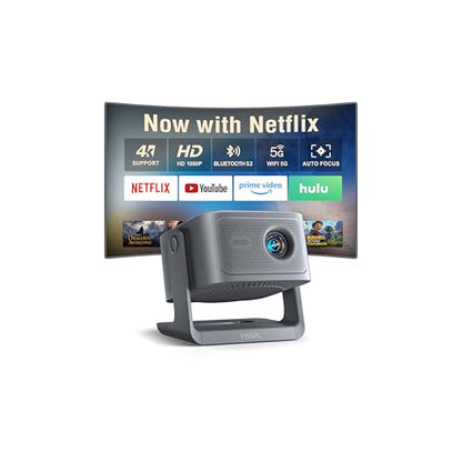 【Now with Netflix】Smart 4K Projector with WiFi and Bluetooth, VISSPL 3D Dolby Audio and Auto Focus Portable Outdoor Projector, Movie Home Theater Projectors TV Lamp Bulb for Bedroom/Ceiling