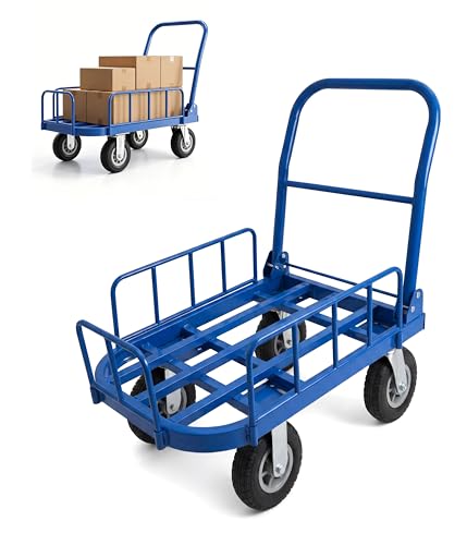 Heavy Duty Folding Platform Cart 600LBS Utility Hand Truck with Guardrails | Alloy Steel, 600LBS Load, 35×22" Platform, Removable 3-Side Guardrails, Foldable Rubber Wheels for Warehouse Garage Moving