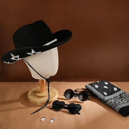 GIFIKOI Cowgirl Outfits Star Cowboy Hat Sparkly Boots Earrings Bandana Sunglasses for Women Western Costume Accessories - color: Black
