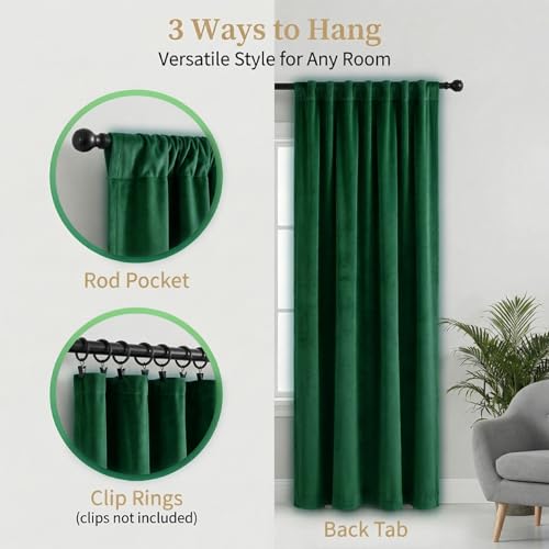 Emerald Green Velvet Curtains 96 inches Room Darkening Thermal Insulated | Super Soft, 2 Panels, Window Drapes with Back Tab & Rod Pocket for Living Room Bedroom, 52" W x 96" L - color: Emerald Green, size: 52"W x 96"L (Pack of 2)
