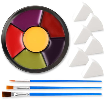 6 Colors Halloween Face Body Paint + 6pc Sponge + 3pc Brush, Yellow Purple Red Green Bruise Wheel for SFX Makeup, Face-Paint Body Paint Halloween Makeup Kit for Zombie Clown Joker Alien Witch Costume - color: Set 03