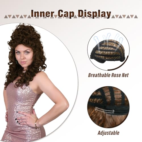 ColorGround Long Curly Fluffy Hair Wig for Women 60 70 80s Beehive Cosplay Wigs for Adults Halloween Costume (Brown) - color: Brown
