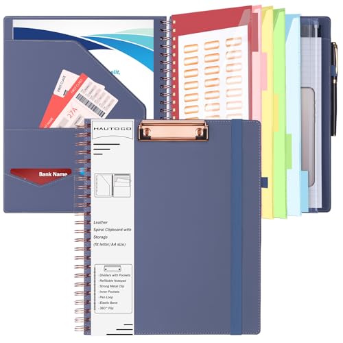 HAUTOCO Spiral Leather Clipboard Folio with Notepad (8.5 x 11''), 5 Folders with 10 Pockets, Storage Zipper Pouch, Pen Loop, 39 Stickers, Padfolio Organizer for Work School, Purple Gray - color: Purple Gray
