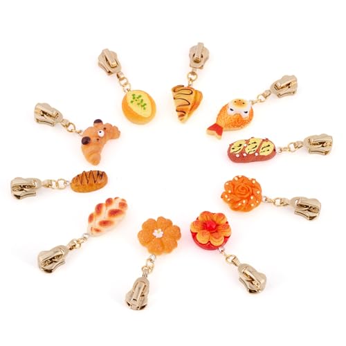 Sparkeads 10Pcs Bread Alloy Resin Zipper Replacement Slider,Cute Zippers Sliders for Sewing,Metal Zipper Pull Replacement for DIY Tailor Craft Bag Luggage Clothing Wallet Costume Jacket Supplies-Food - style: Food