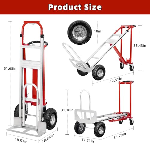 Aluminum 4 in 1 Convertible Hand Truck Dolly, 1000Lbs Capacity, Heavy Duty Folding Hand Truck Dolly Cart with Wheels 10" All-Terrain Tires, Hand Trucks for Logistics, Home, Office, School, Red - color: Red