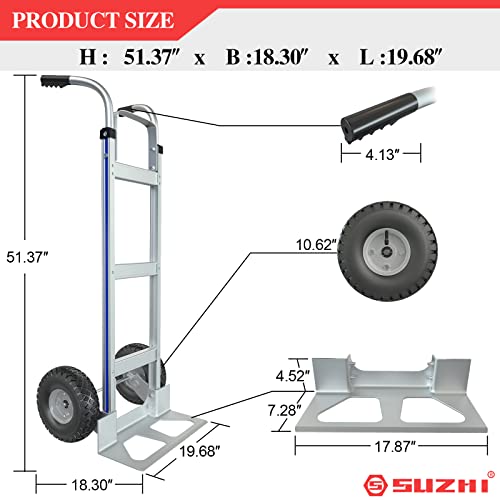 Suzhi Two Large Wheel Hand Truck Dolly Cart with Wheels Heavy Duty/with 2 Wheels / 600Lbs Load, 2 Straps for Furniture/Appliance/Carton/Warehouse/Office /10 Minutes to Install as Video - color: White