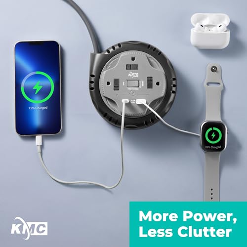KMC 3-Outlet Surge Twist Cord Reel, USB-C & USB-A Ports, Retractable Power Strip Surge Protector, 735J Surge Protection, 5ft Retractable Extension Cord, 3-Prong Flat Plug, UL/ETL Certified, Gray