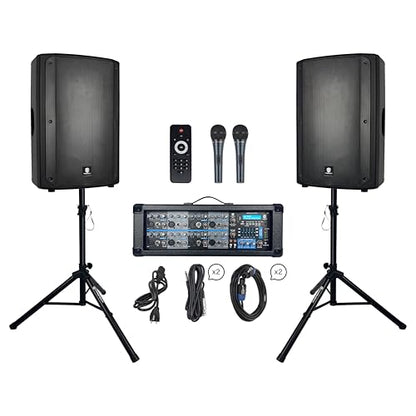 PRORECK Delta 158 2400W Bluetooth PA Speaker System with 8-Channel Powered Mixer, 2 15-Inch Passive Speakers, Stands, Reverb Effects, 15V Phantom Power. Perfect for DJs, Bands, Karaoke, Live Events. - size: 15"+8 channel mixer