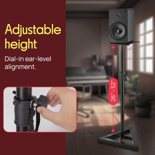 Pyle Speaker Stand Pair of Sound - Play 1 and 3 Holder, Telescoping Height Adjustable from 26” - 52” Inch, High Heavy Duty Three-point Triangle Base w/ Floor Spikes and 9” Square Platform, Black