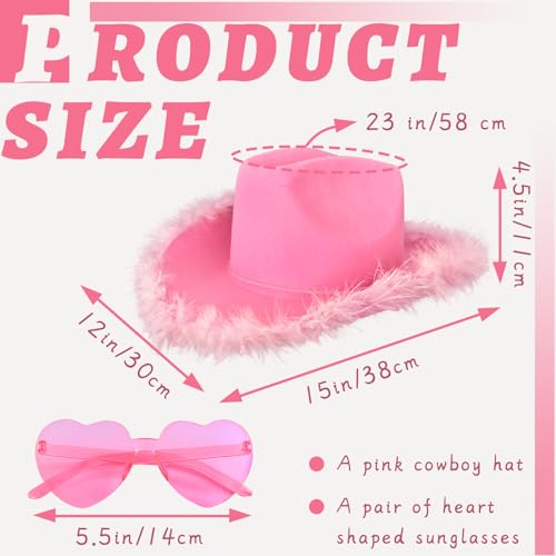Pink Cowboy Hat with Heart Shaped Sunglasses,Pink Cowgirl Hat with Feather Boa,Cowgirl Hat for Costume Dress Up,Cowboy Themed Party,Bachelorette Party